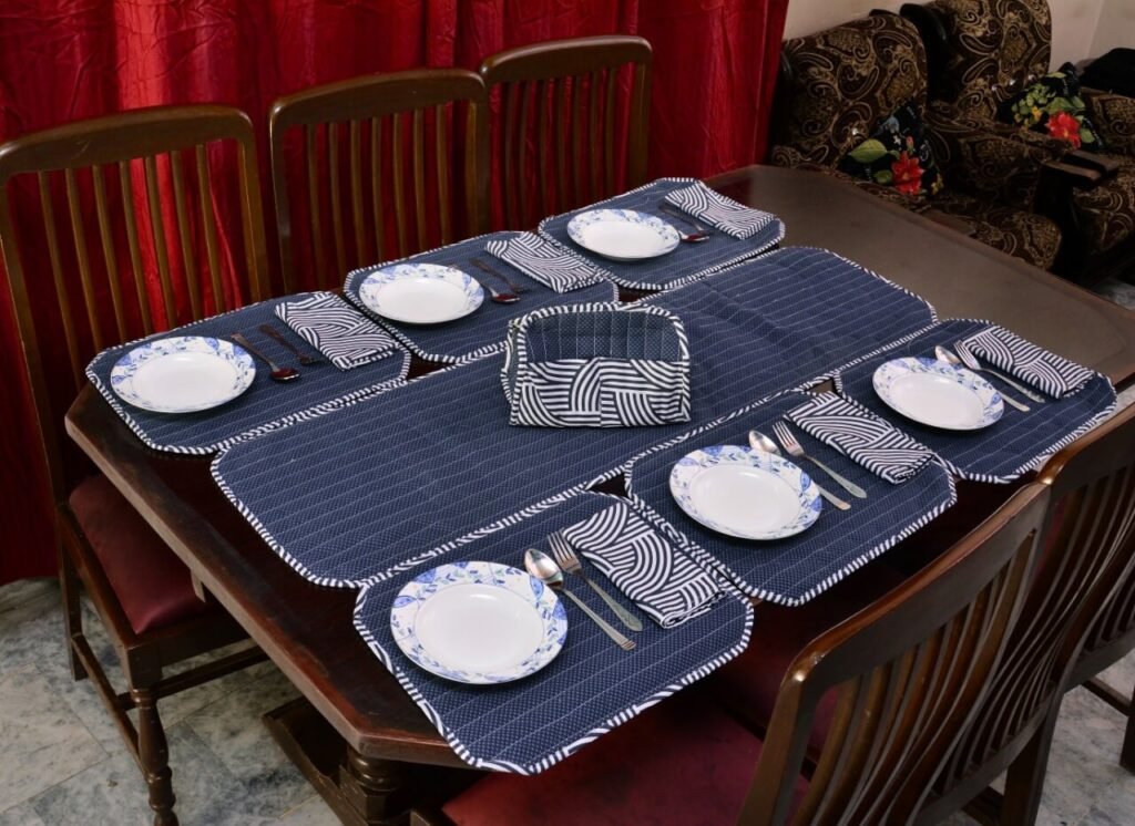 Navy Blue Stripe Dining Table Mat Set – 6 Seater