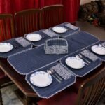 Elegant Navy Blue Stripe Dining Table Mat Set – 6 Seater with Matching Napkins & Basket
