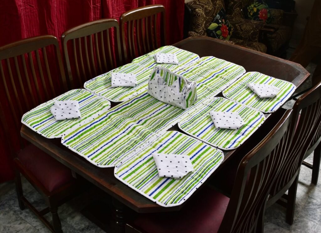Green Stripe Dining Table Mat Set – 6 Seater