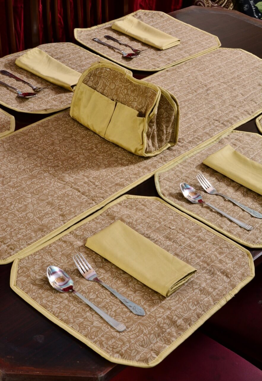 Elegant Light Brown Stripe Dining Table Mat Set – 6 Seater with Matching Napkins & Basket