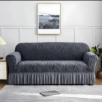 Elegant Leaf Pattern Stretch Sofa Cover - Dark Charcoal Grey