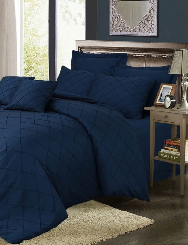 8 Piece Cross Pleated Duvet Cover Set – Navy Blue
